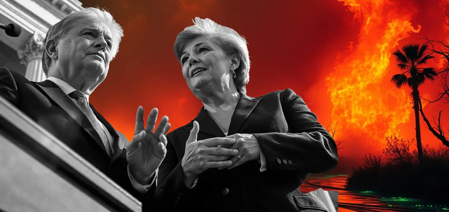 politicians talk while wildfire rages behind them