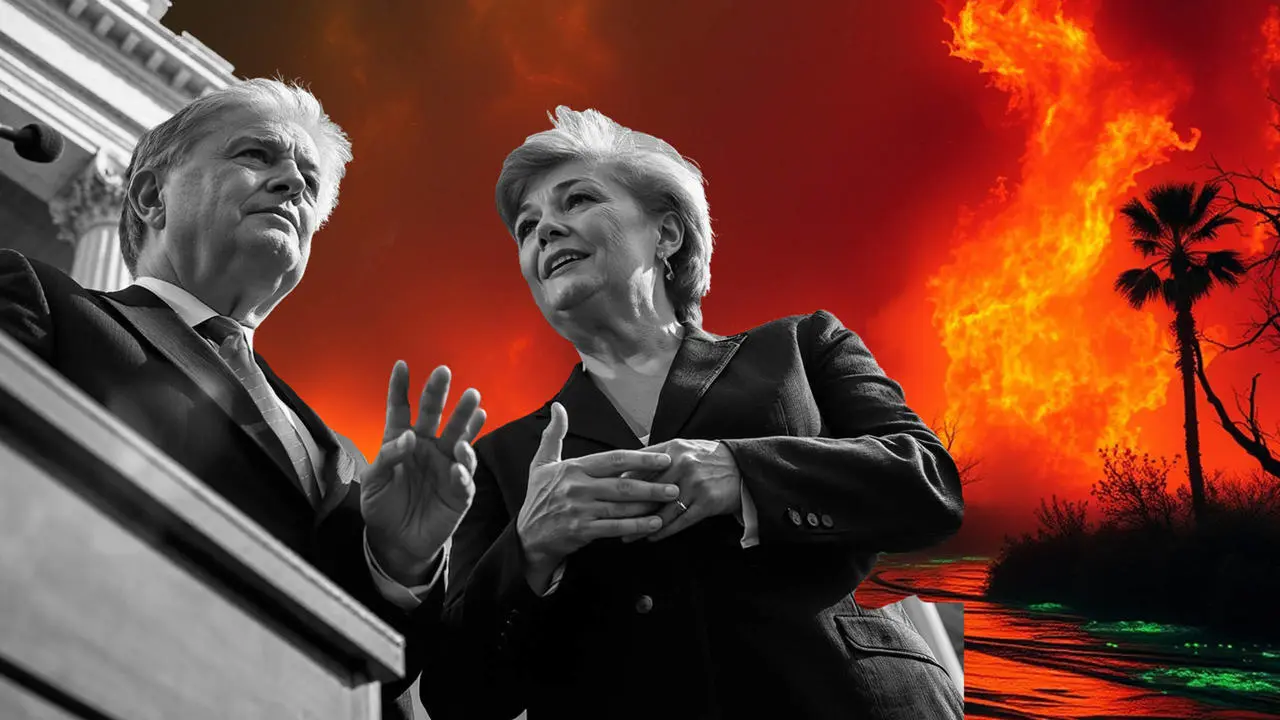 politicians talk while wildfire rages behind them