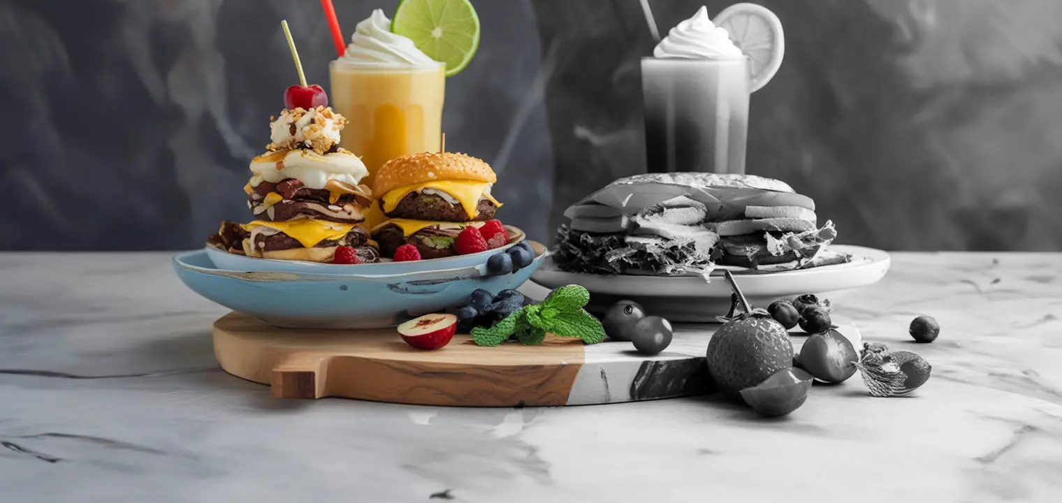 Two plates of food, the healthy one is black and white and the unhealthy is in colour