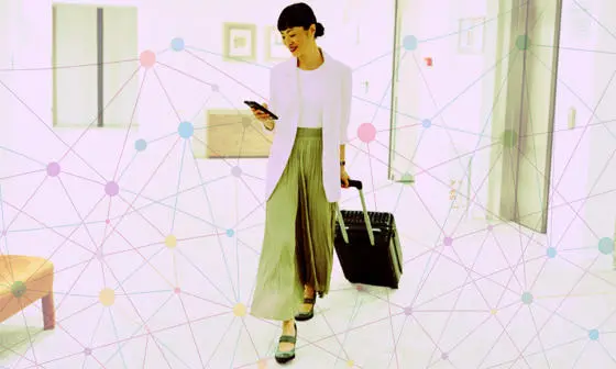 montage featuring woman with travel suitcase on her phone