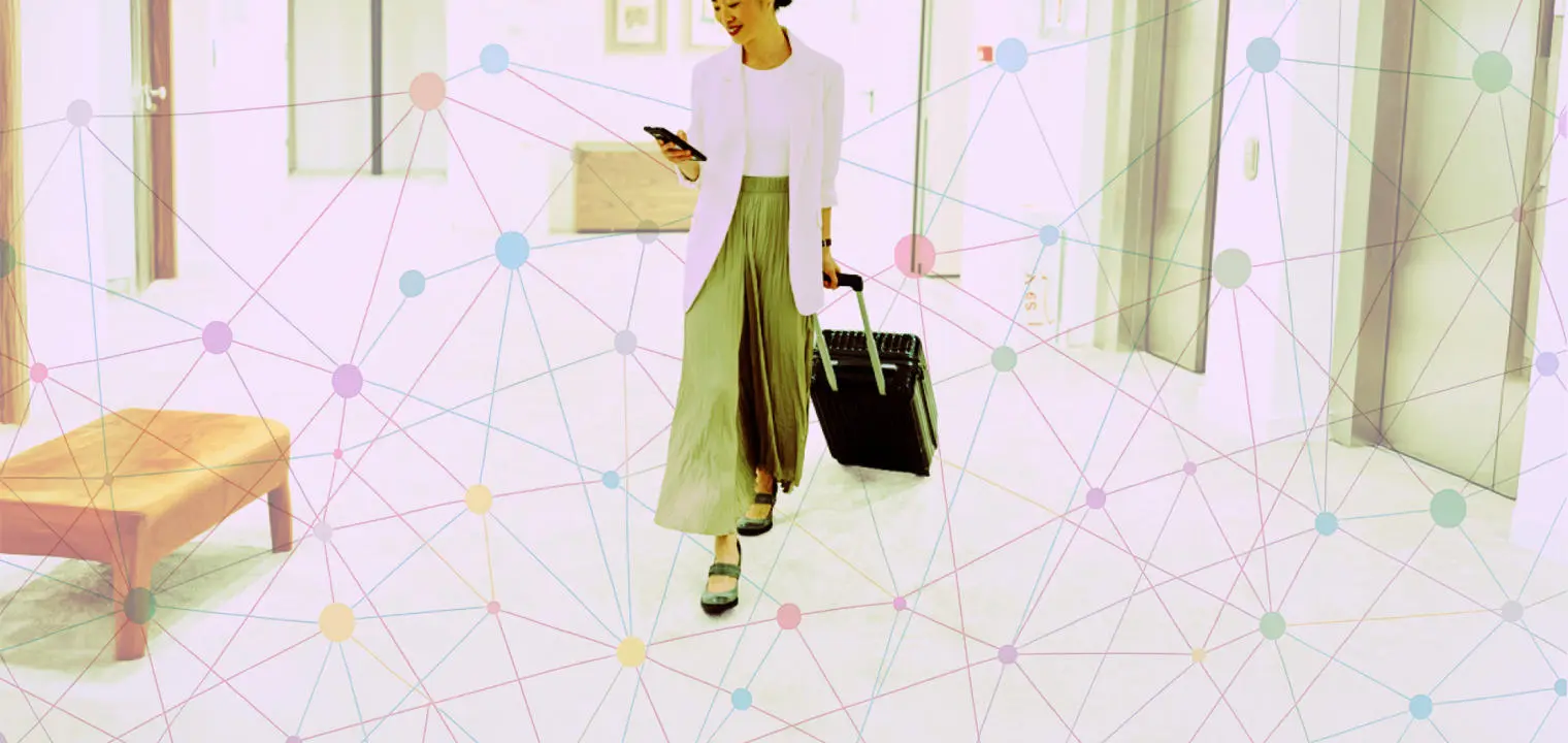 montage featuring woman with travel suitcase on her phone