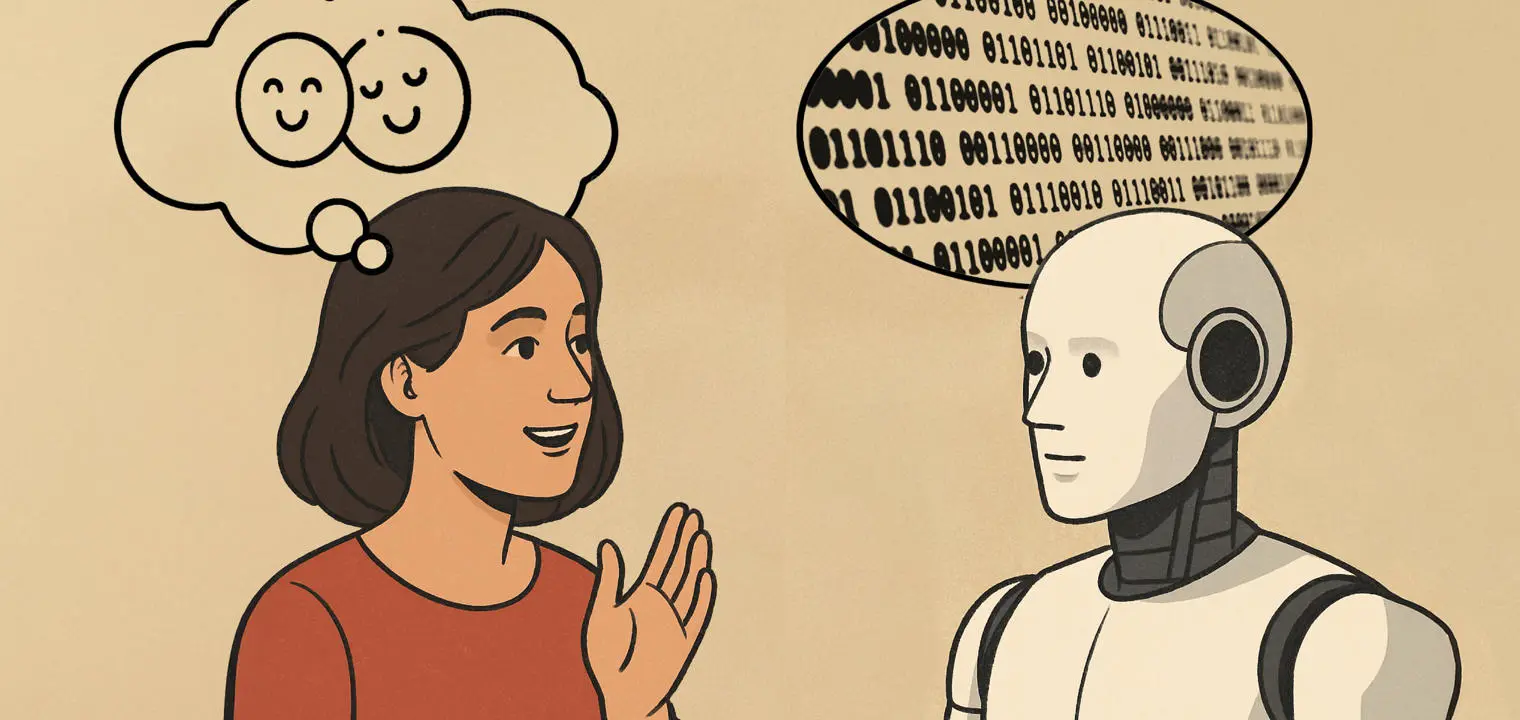 human woman talking to a robot