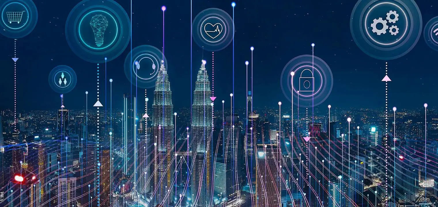 A city skyline on a dark blue background