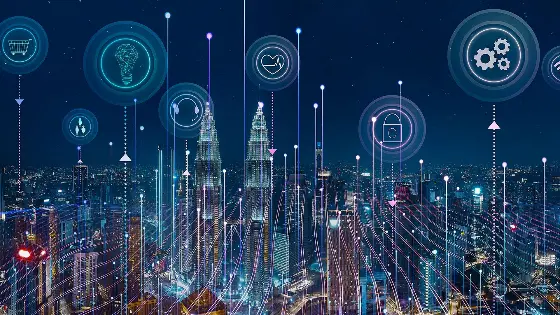 A city skyline on a dark blue background