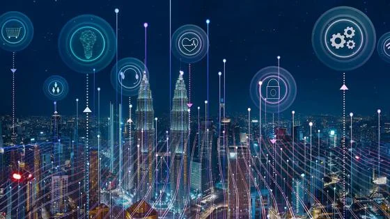 A city skyline on a dark blue background