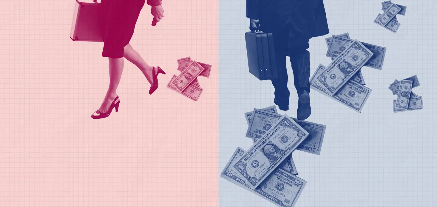 A female figure with a small amount of money next to a male figure with a large amount of money