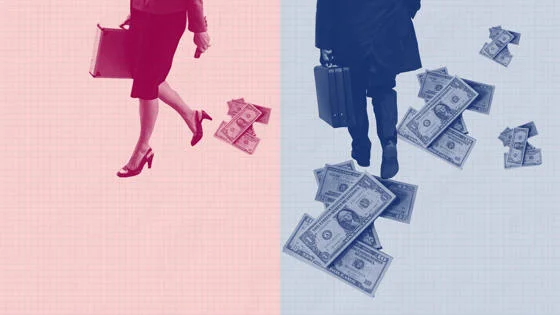 A female figure with a small amount of money next to a male figure with a large amount of money