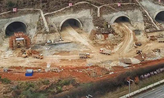 Tunnels into a mountain under construction