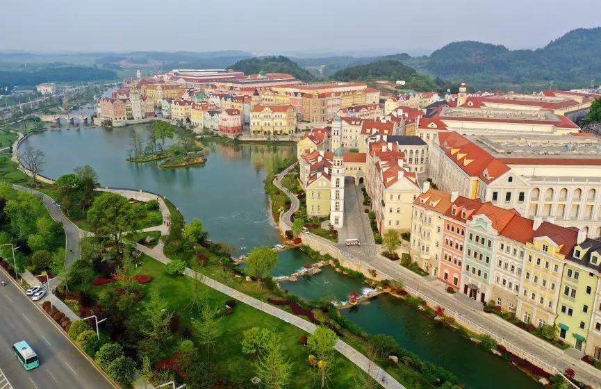 Colourful European style buildings set around a lake