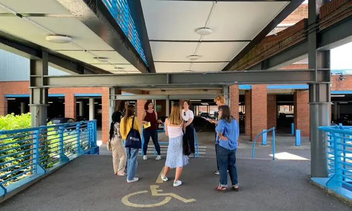 Researchers-in-residence in Trowbridge on a site visit to underutilised space around Trowbridge’s main retail park; the Shires.