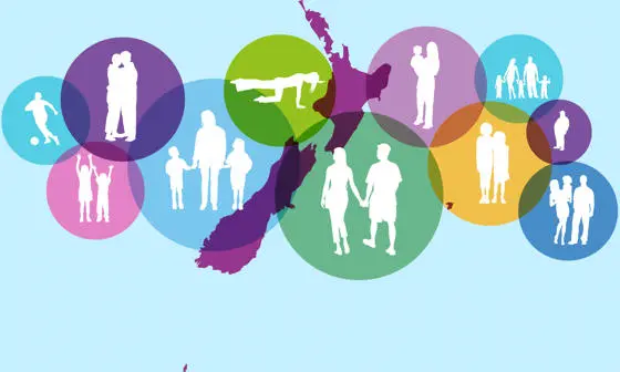 Silhouetted figures in brightly coloured bubbles over an outline of New Zealand