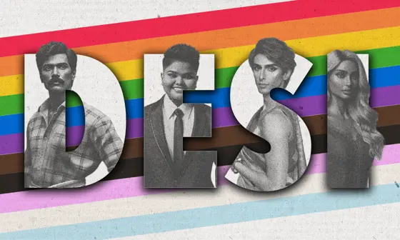 Rainbow flag with the word Desi and photos of South Asian activists