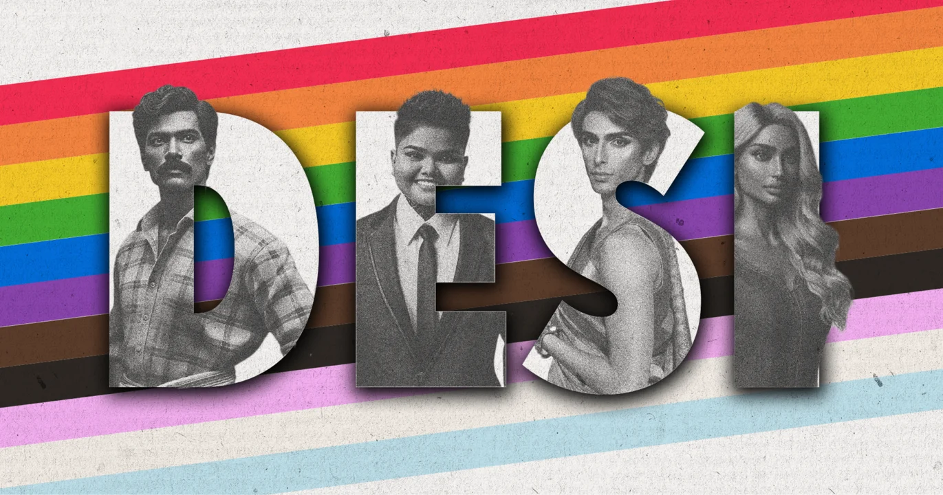 Rainbow flag with the word Desi and photos of South Asian activists