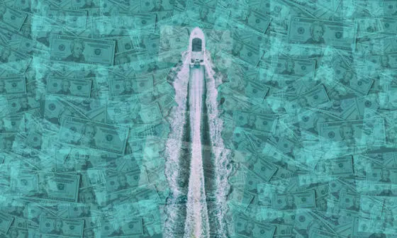 A luxury boat speeds through a sea of dollars