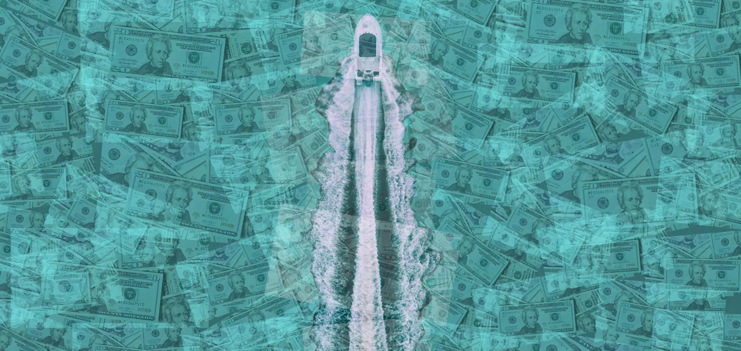 A luxury boat speeds through a sea of dollars