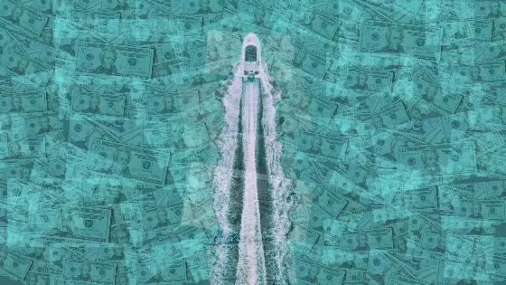 A luxury boat speeds through a sea of dollars