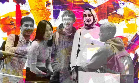 A group of students on a brightly coloured background