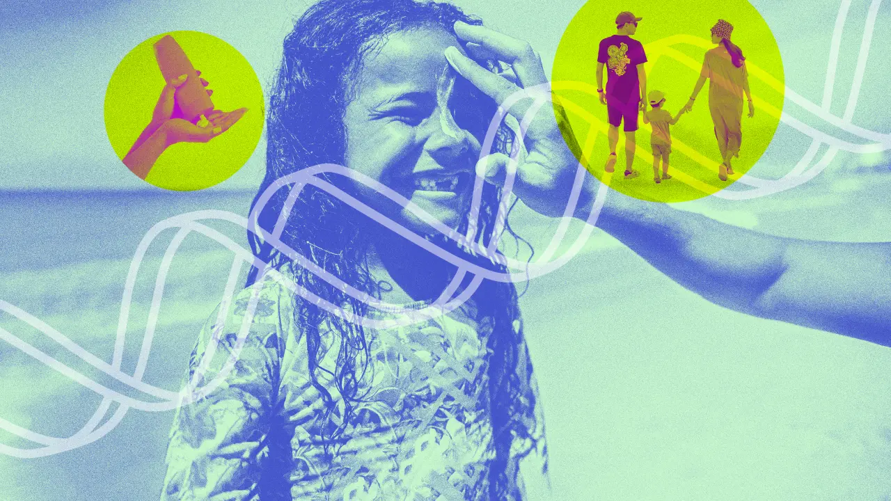 Girl on beach with family and sun block