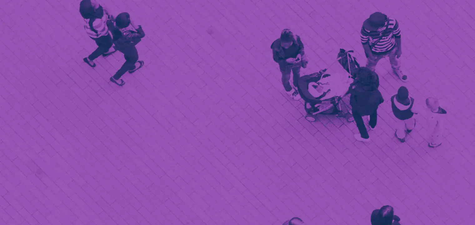 Groups of people on a purple background