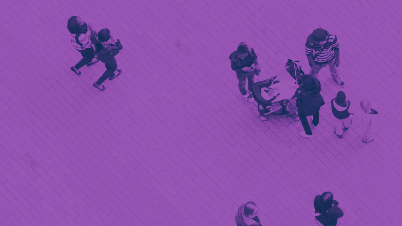 Groups of people on a purple background