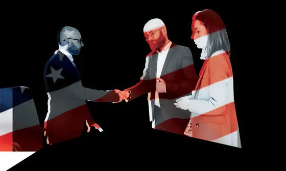 male lawyers shaking hands, ignoring a female colleague