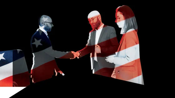 male lawyers shaking hands, ignoring a female colleague