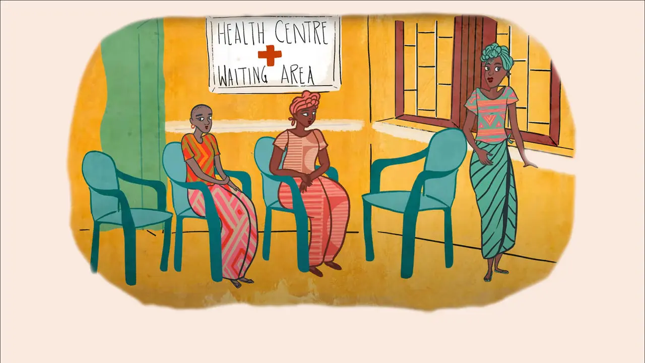 A drawing of a waiting room at a health centre with yellow walls, blue chairs and three young Zambian women.