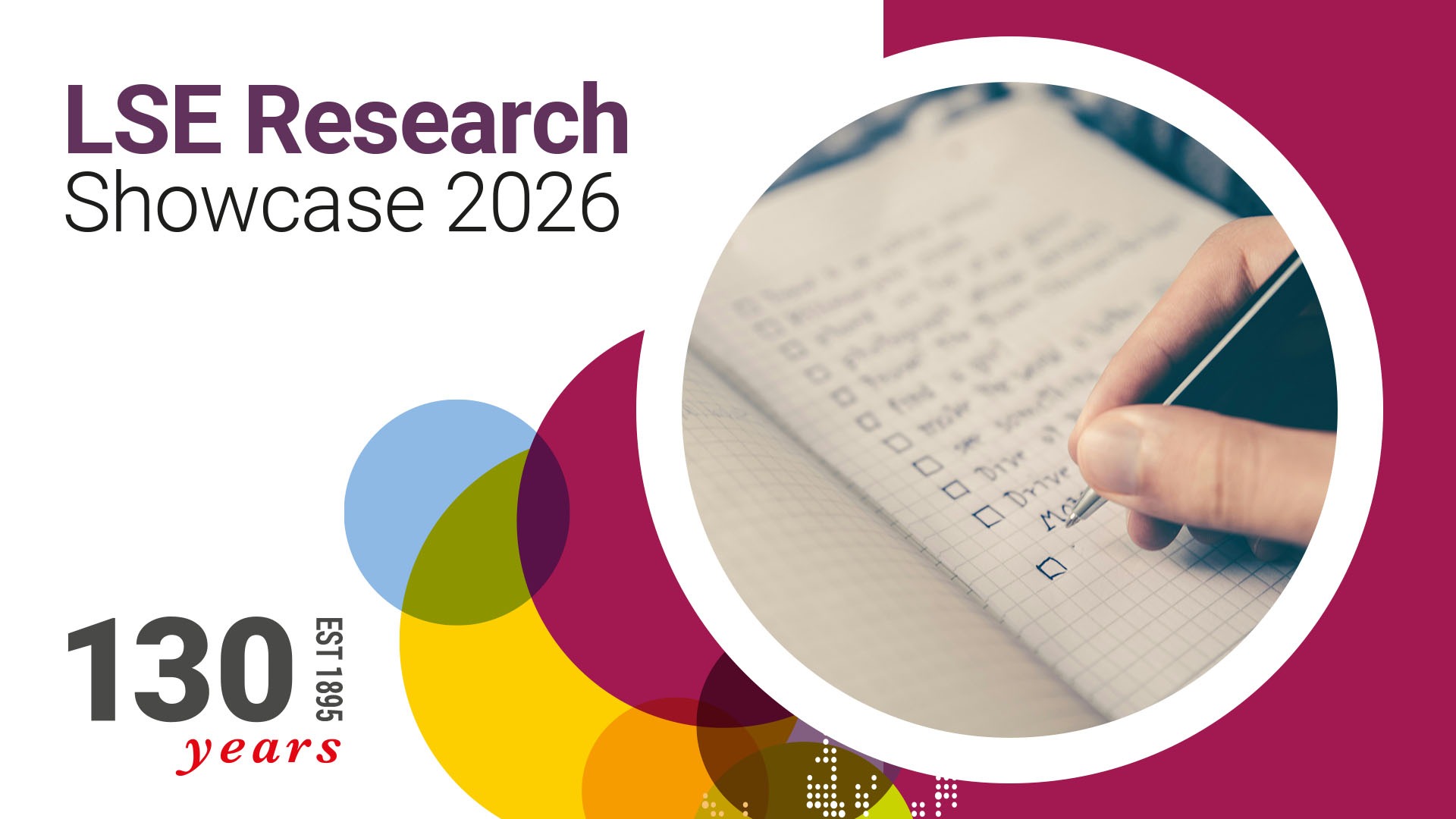 Research Showcase promo image with image of a person's hand writing a list 