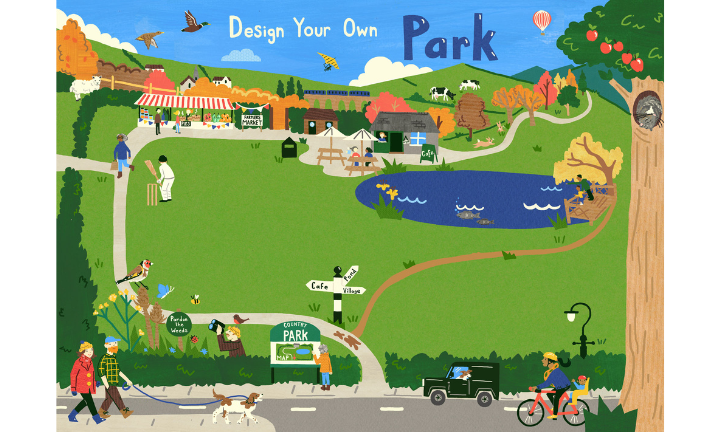 Design your own park | Rural park map showing a cartoon park in a city setting, with a pond and cows in a field near the park. 