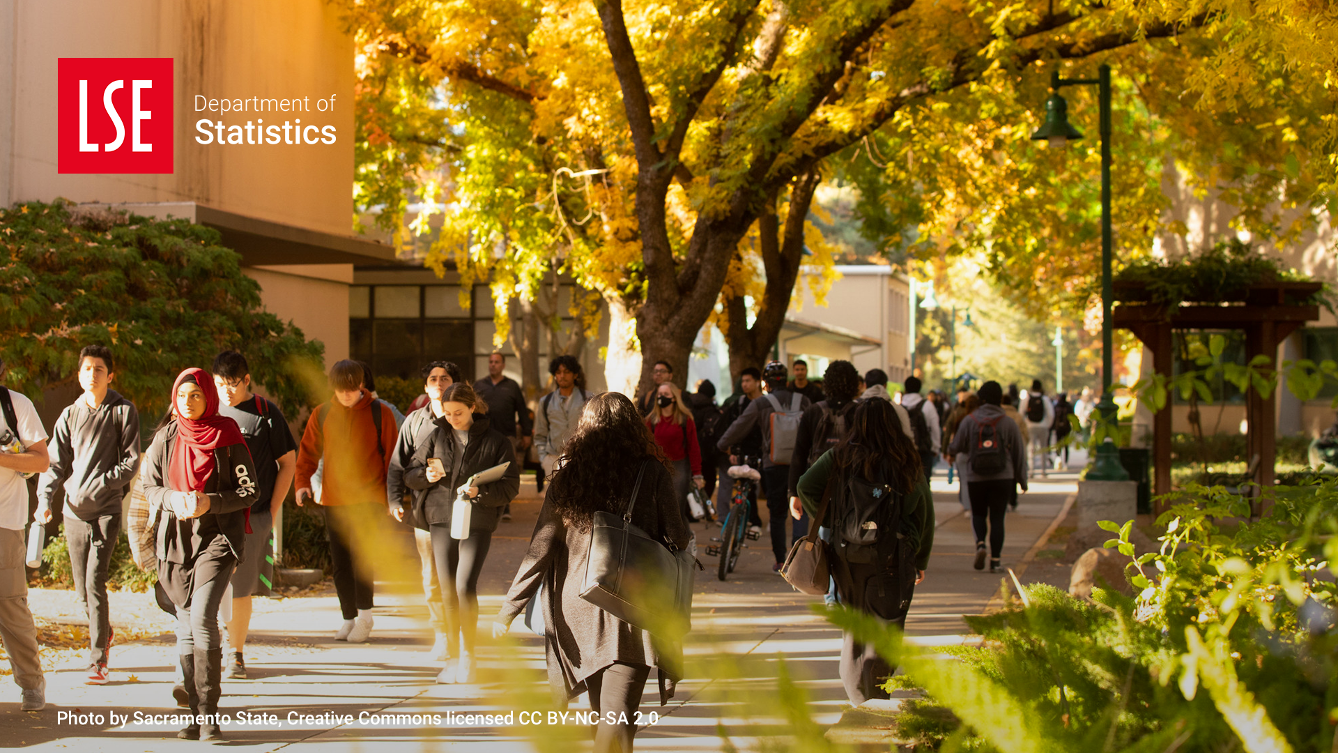 Students walking in Fall sunshine in front of Sacramento State University