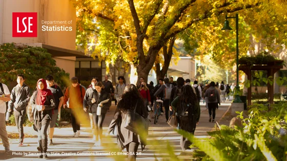 Students walking in Fall sunshine in front of Sacramento State University