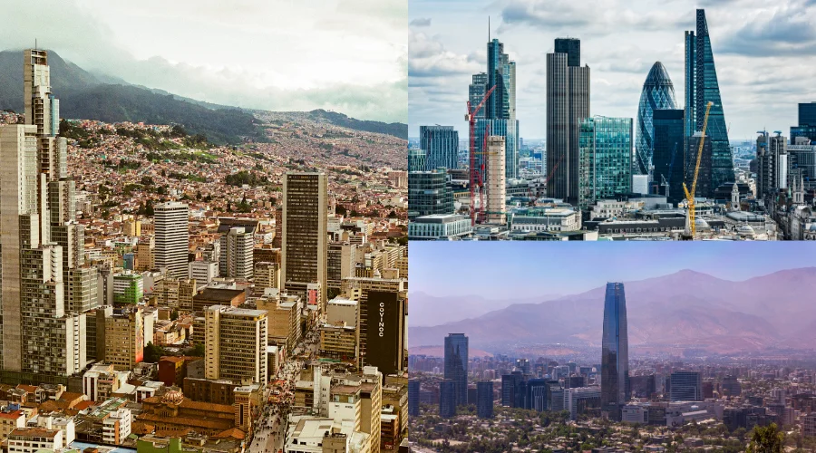 Three city skylines: at left, a dense city with mountains in the background; at top right, modern skyscrapers; at bottom right, a tall tower with a hazy cityscape.