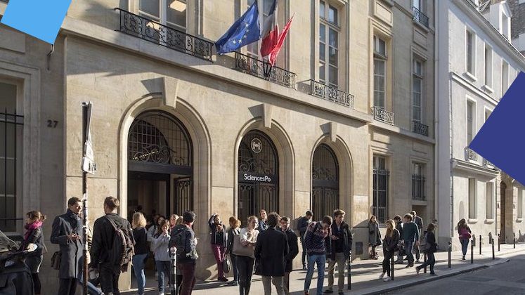 Entrance to Sciences Po building with a group of students