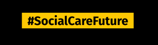 The Logo for Social Care Future which is black text on a yellow background and reads '#SocialCareFuture'