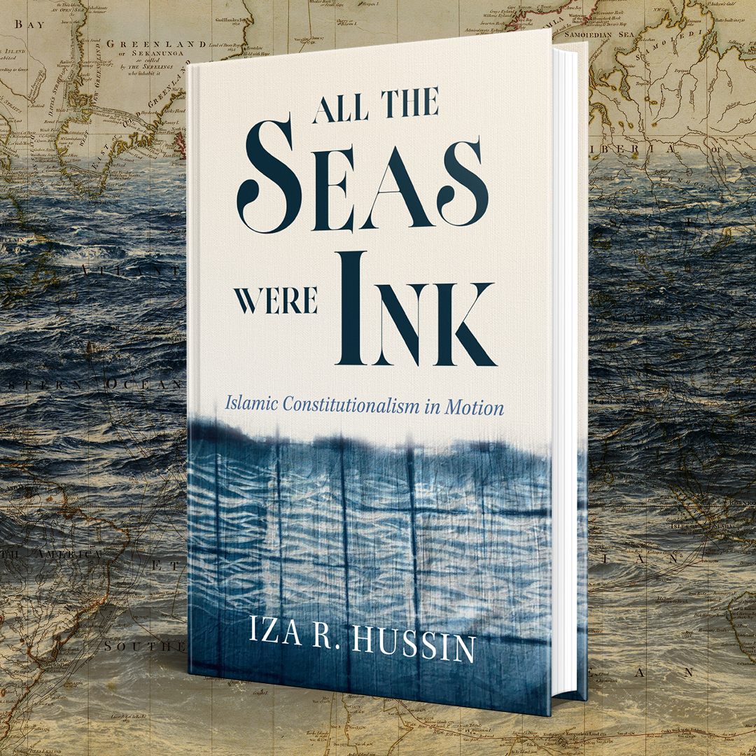Book titled "All the Seas With Ink" standing upright against an ocean-themed background.