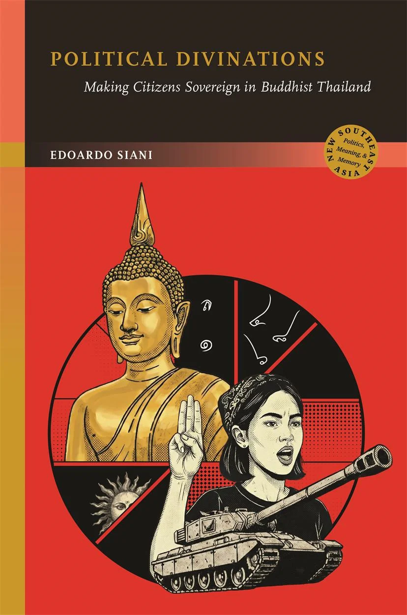 Book cover featuring a Buddha statue and a woman flashing a three-finger salute, set against a red background.