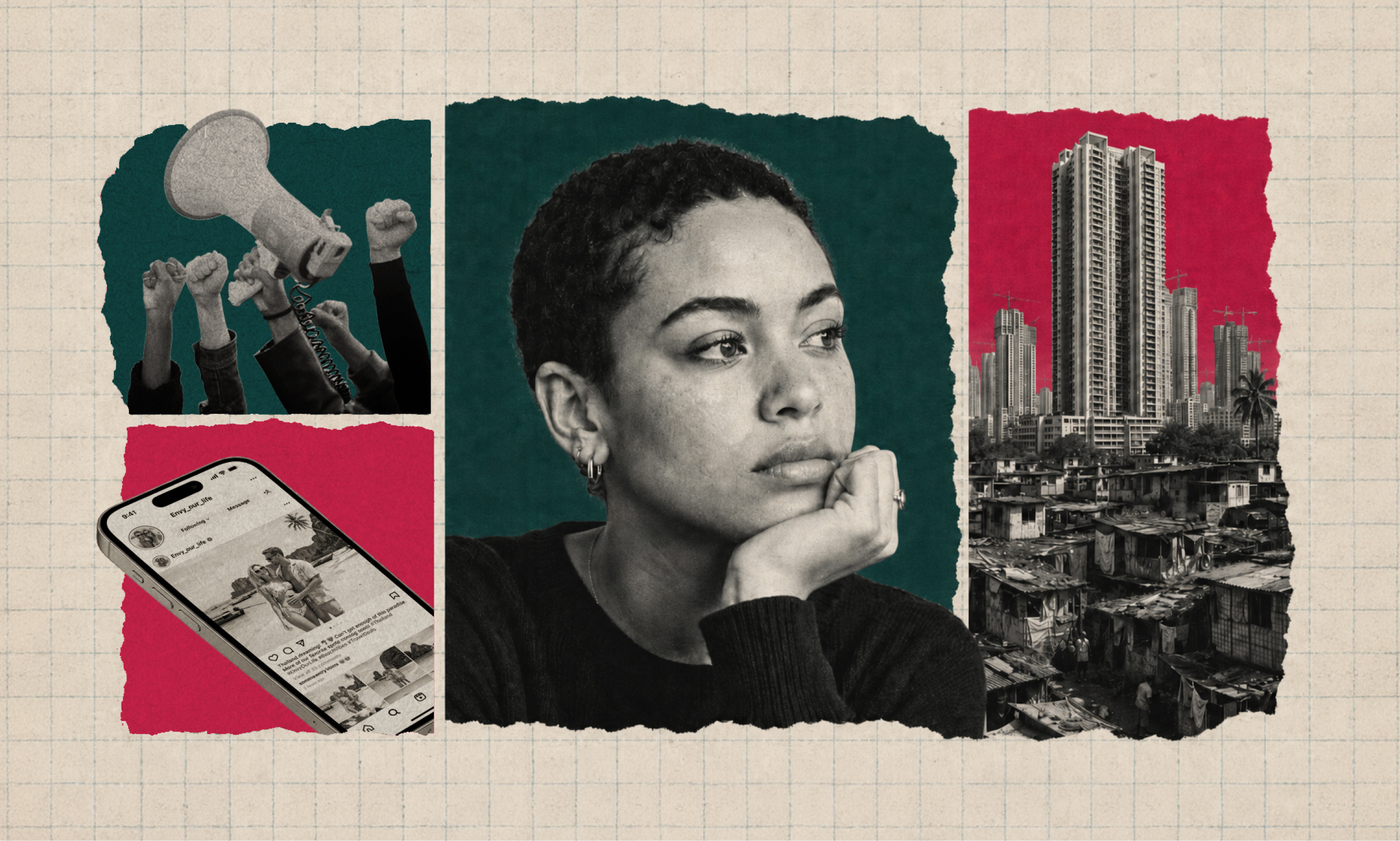 A collage of four images including a megaphone, a phone, a woman and a cityscape. 