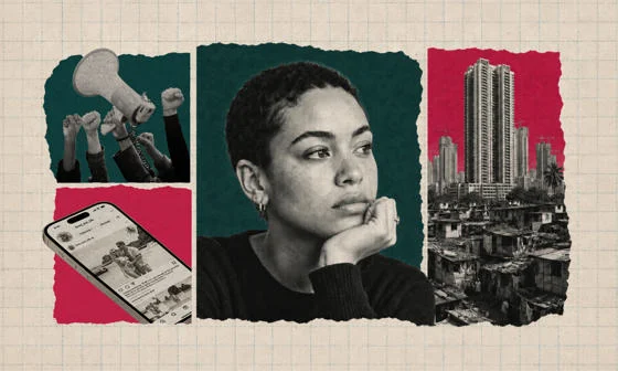 A collage of four images including a megaphone, a phone, a woman and a cityscape.