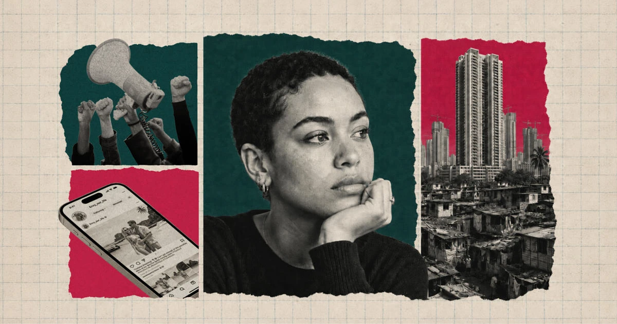 montage of images of wealth, protesters and a woman thinking