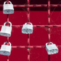 A red metal grid fence with padlocks attached to it