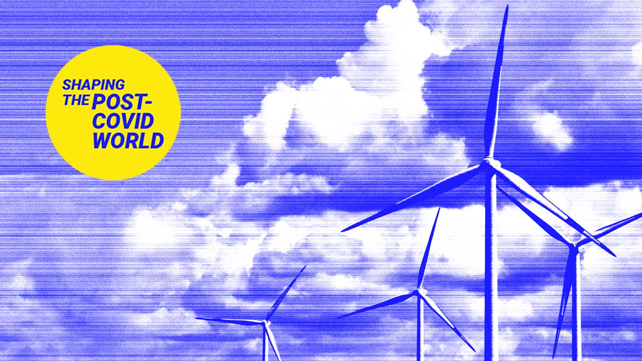 Wind turbines with clouds in the background plus with the words shaping the post-covid world.