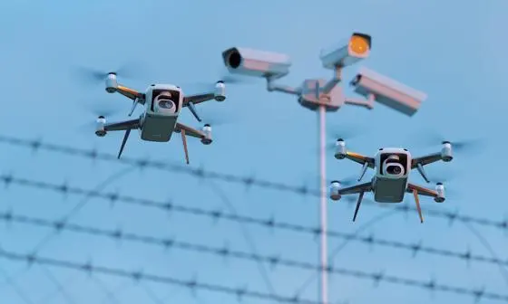 Two small drones in front of barbed wire. Three CCTV cameras are out of focus in the background.
