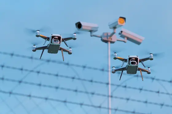 Two small drones in front of barbed wire. Three CCTV cameras are out of focus in the background.