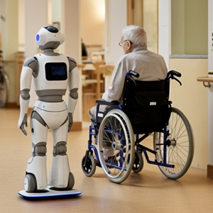 Robot next to elderly man in wheelchair