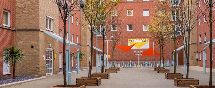 The inner courtyard of the Sidney Webb House accommodation building at LSE