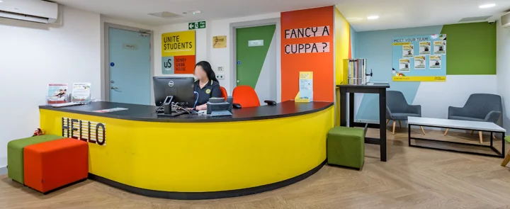 The reception area of the Sidney Webb House accommodation building at LSE