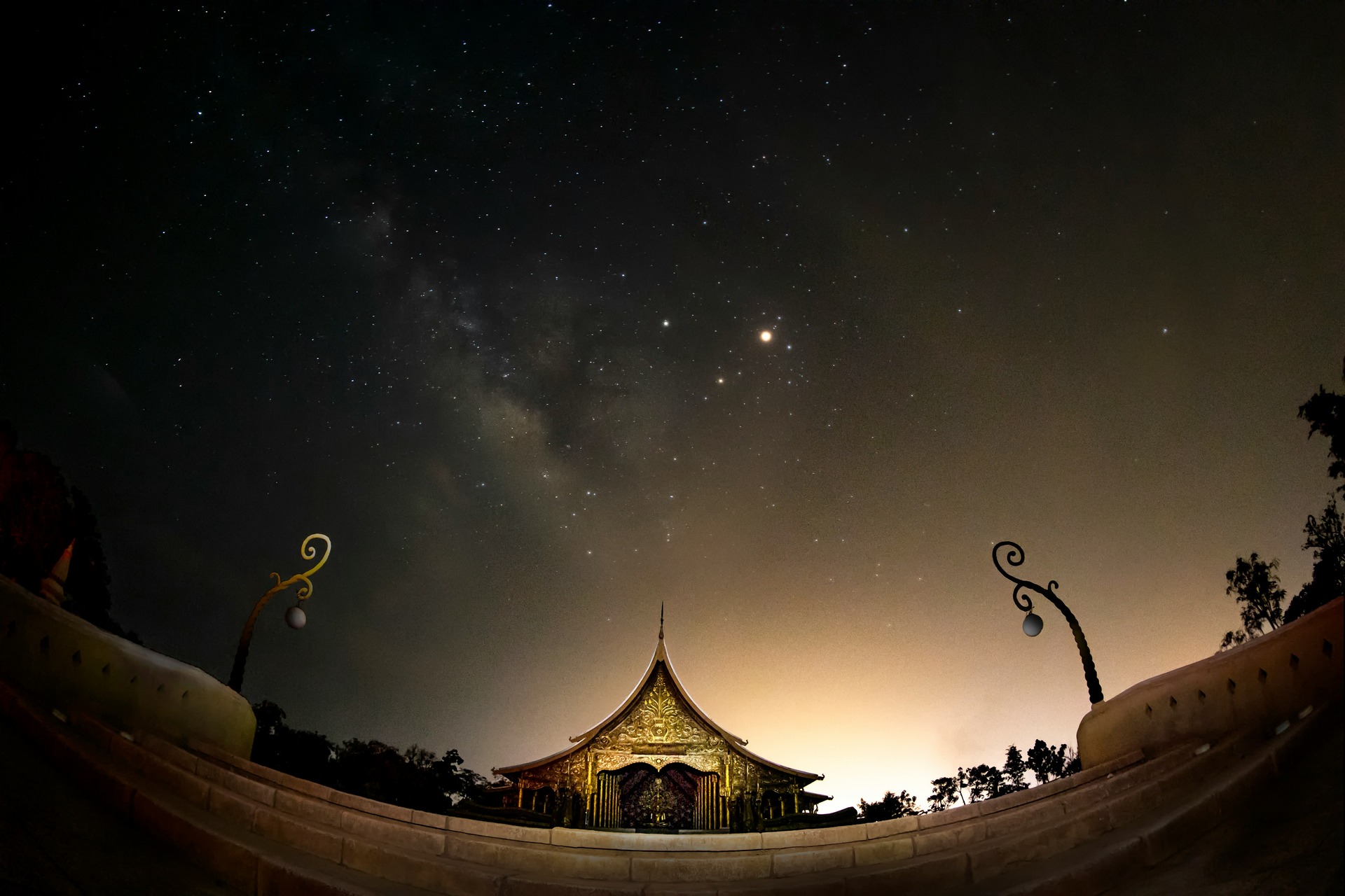 Night sky above a Buddhist temple