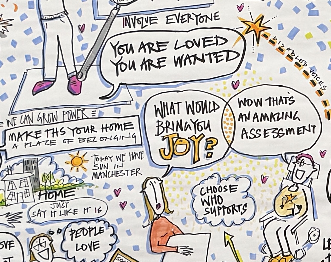 Hand‑drawn illustrated graphic using bright colours and speech bubbles. The drawings show people talking, thinking, and taking part in everyday activities. Large handwritten phrases include “Involve everyone,” “You are loved, you are wanted,” “What would bring you joy?”, “Choose who supports,” and “Make this your home: a place of belonging.” Small drawings of houses, hearts, stars, and people reinforce themes of inclusion, belonging, and support.