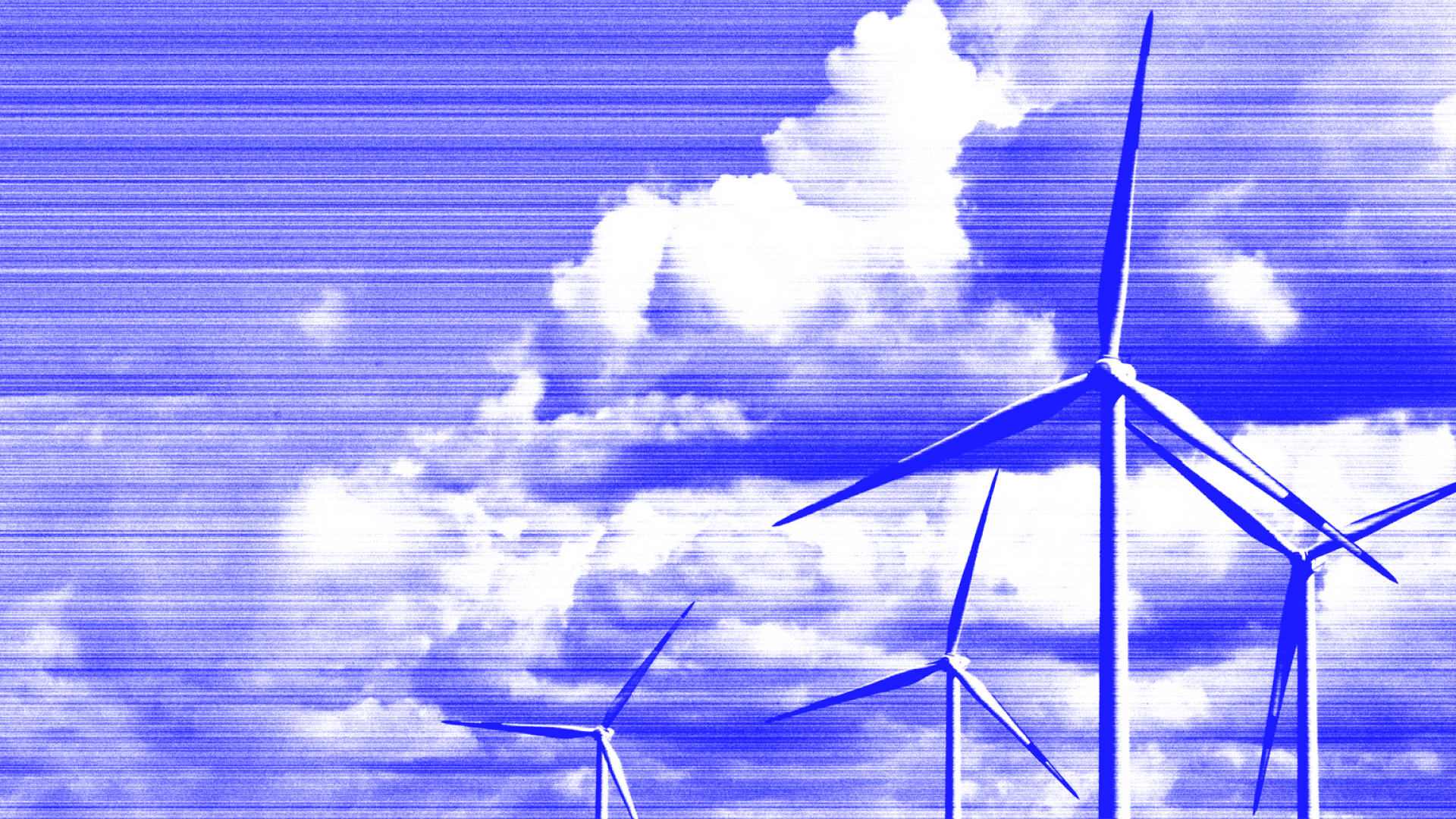 Wind turbines and clouds on a blue background