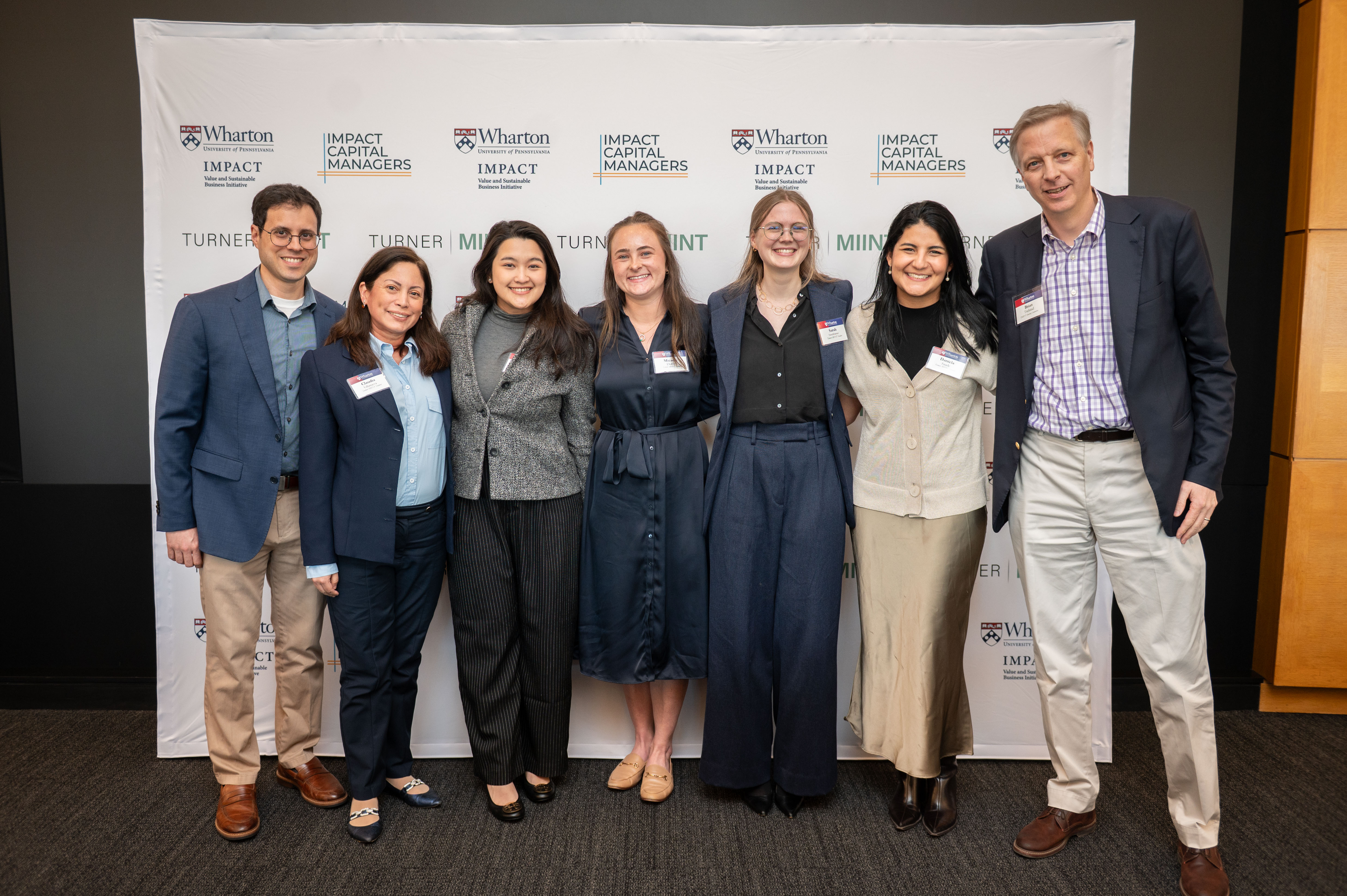 From left to right: panel judge, Claudia Villanueva (MPA), Joviana Aprilia (MPA), Micaela Duffy (MPA), Daniela Saade (MPP), Sarah Swackhamer (MPA), and panel judge at the Turner MIINT global finals